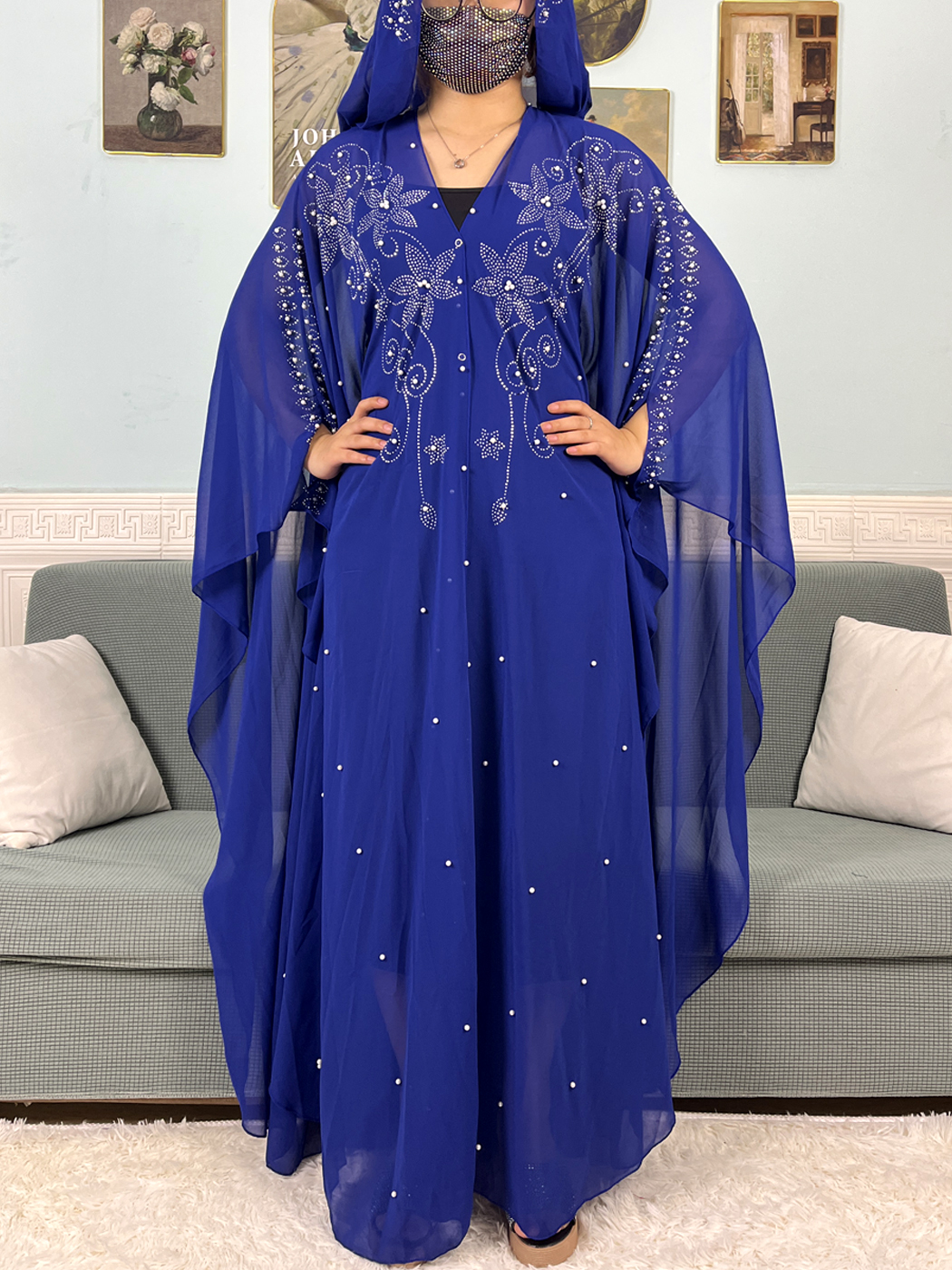 Abayas Ouverts Musulmans pour Femmes, Ensemble de Perles en Mousseline de Soie, Diamants, Dubaï, Ensembles de Vêtements de Prière Islamique, Robe Boubou Africaine à Capuche, 2024