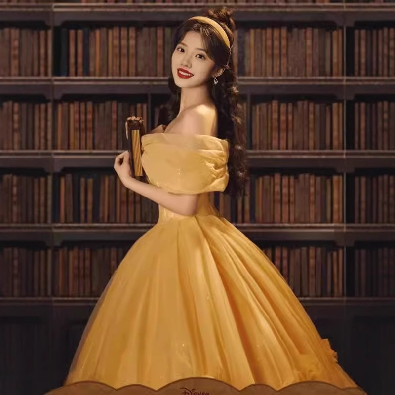Robe Belle Cinderalle jaune en Tulle pour femmes, épaules dénudées, robe de bal élégante, robe formelle fantaisie, vêtements de Cosplay d'halloween