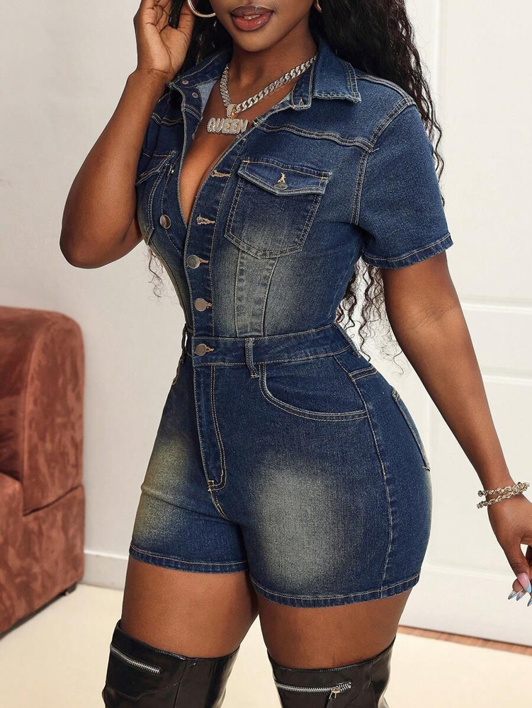 Barboteuse une pièce en Denim pour femmes, Sexy, moulante, Streetwear, Club Y2k, tenues à la mode, poches, boutons, short en Jean délavé, combinaison