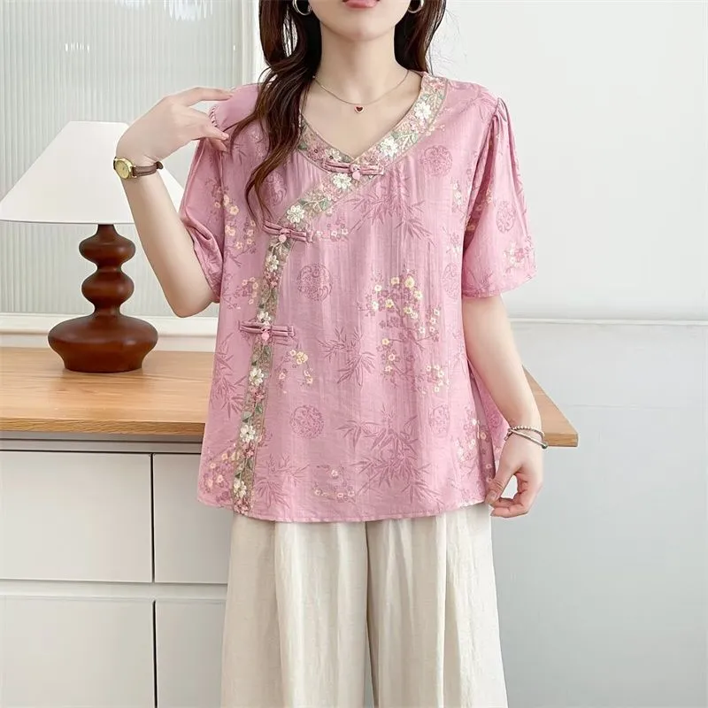 Chemisier en lin pour femme, style vintage, imprimé bambou, col cheongsam, tunique décontractée à manches 3/4