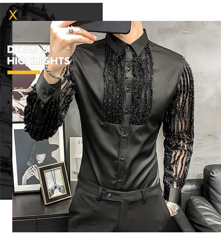 Chemises ajourées en dentelle pour hommes, manches longues, coupe Slim, Streetwear, fête sociale, Blouse, discothèque, chanteur, vêtements Dj, Camisas Para Hombre