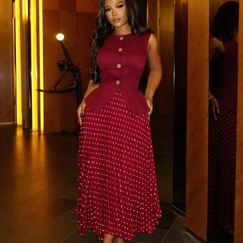 Ensemble de robe élégante pour femmes, style africain, col rond, sans manches, haut à boutons, jupe plissée à pois taille haute, tenue de soirée
