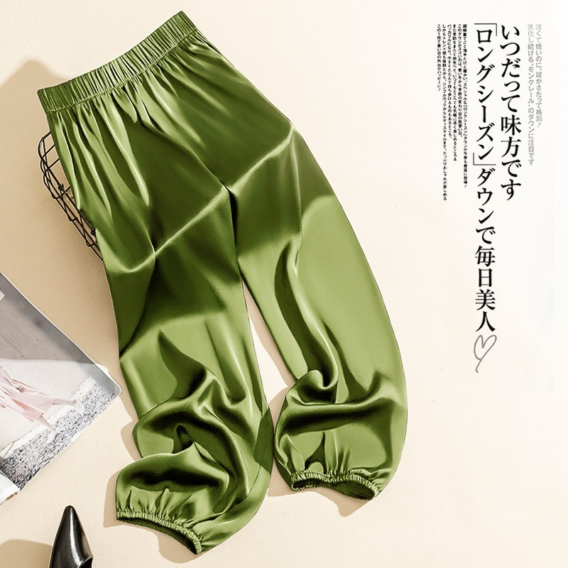Pantalon large taille haute en soie glacée pour femme, style coréen, collection été 2026, coupe droite ample et soyeuse en satin de soie