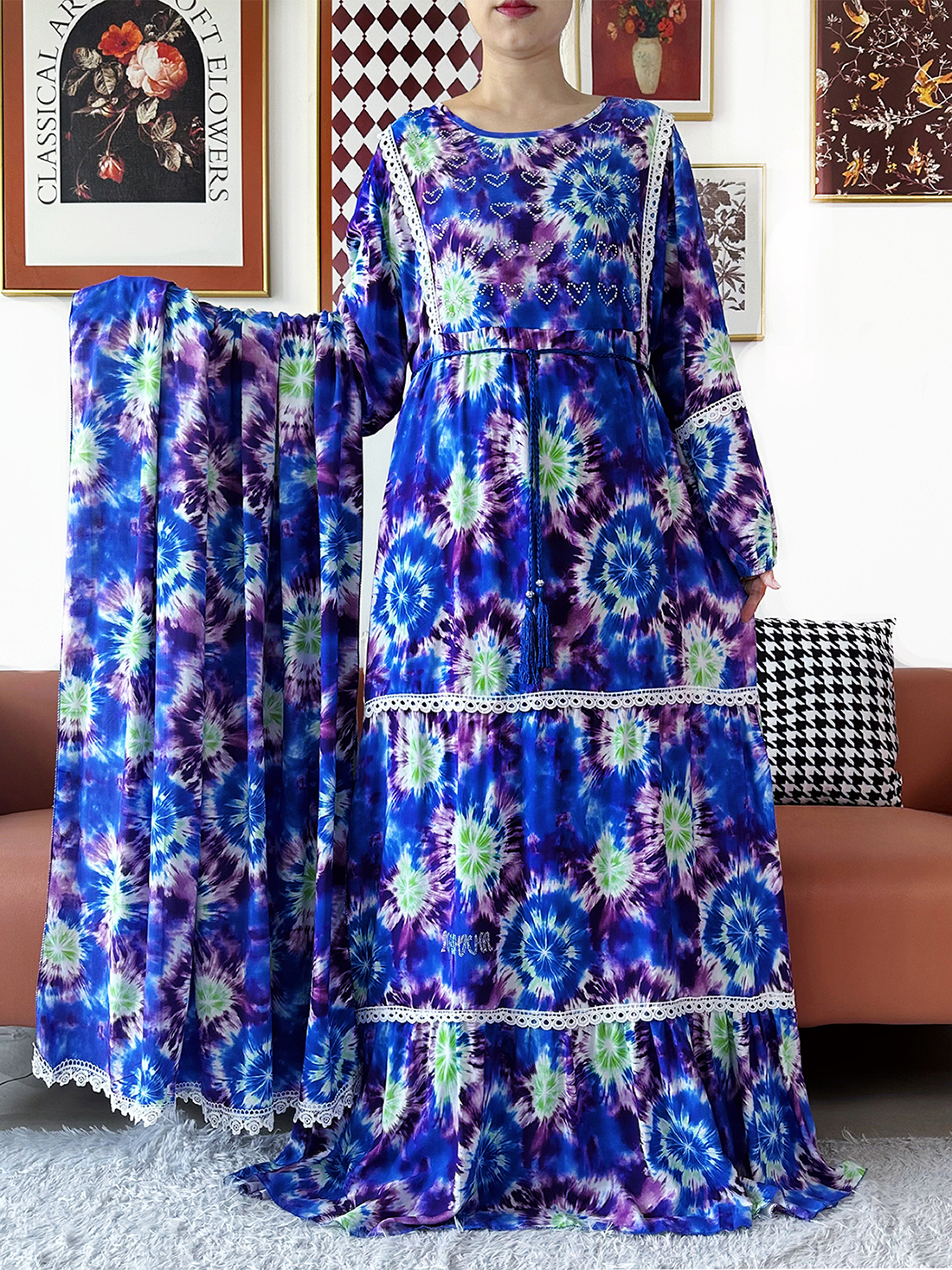 Nouvelle Robe de Soirée Kashkha pour Femme avec Grand Foulard, Abaya Florale en Coton, Boubou Africain, Kaftan Ample Musulman, Robe Longue pour le Ramadan