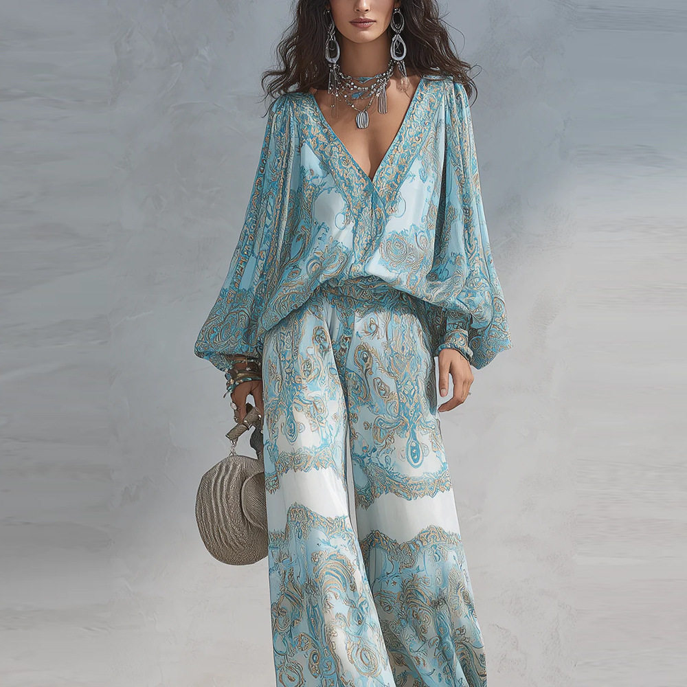 Ensemble deux pièces bohème pour femme, imprimé cachemire, sexy, col en V profond, chemisier à manches longues, pantalon large, tenue décontractée pour les vacances