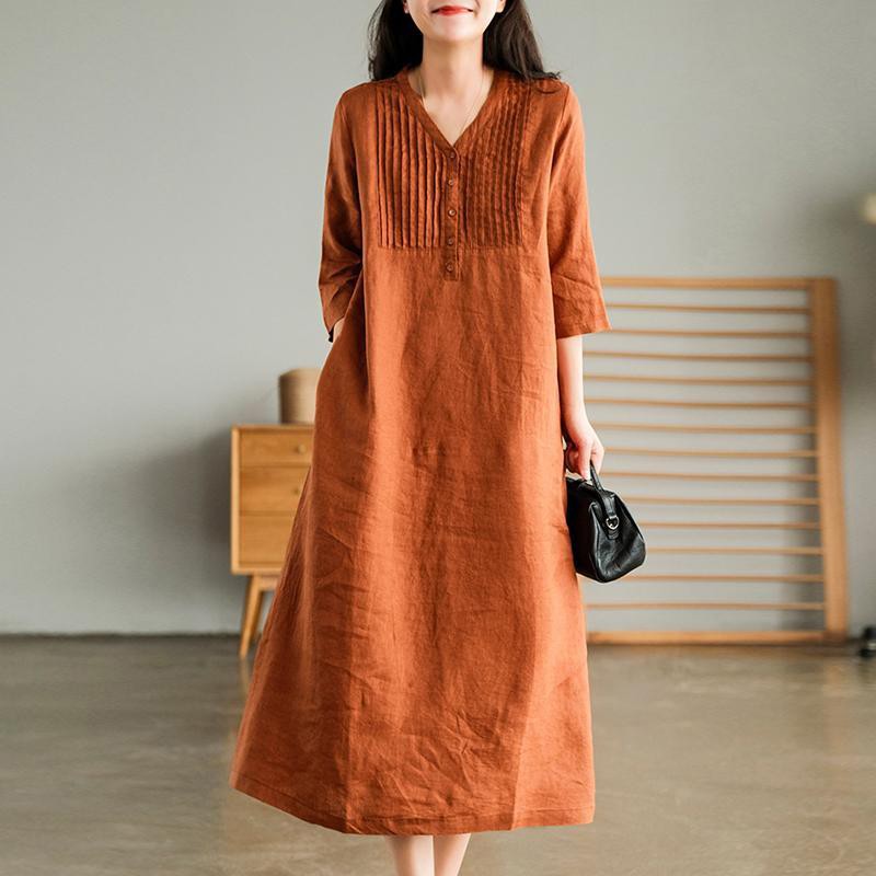 Robe longue en coton et lin pour femmes, style vintage, col en v, couleur unie, nouvelle collection été 2024, B3334