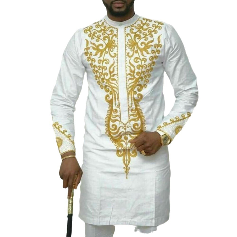 Chemise brodée africaine pour hommes, tenues africaines, manches longues, col rond, haut et pantalon, 2 pièces, fête ethnique traditionnelle, mariage trempé
