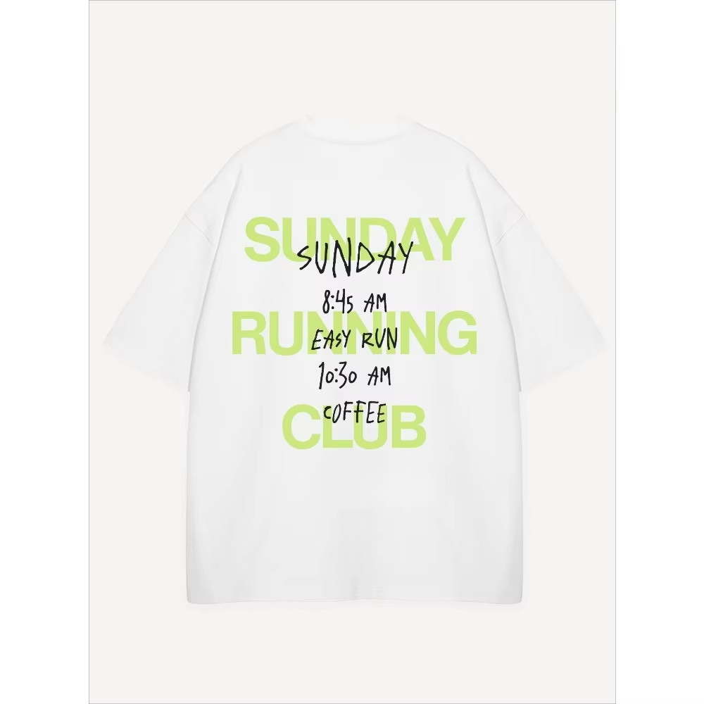 T-shirt unisexe Sunday Running Club, motif graphique 'Easy Run Coffee Schedule', style streetwear, coupe oversize, manches courtes, haut décontracté