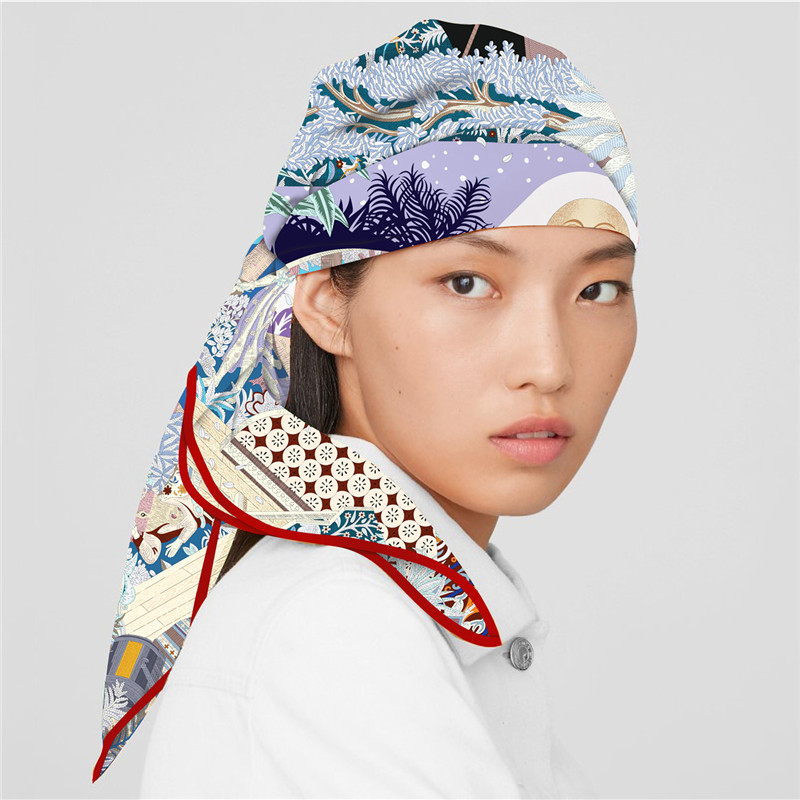 Foulard en soie femmes soleil monde imprimer foulards carrés tête Echarpes Foulards en soie Femme enveloppes plage châle Bandana dame Hijabs 90CM