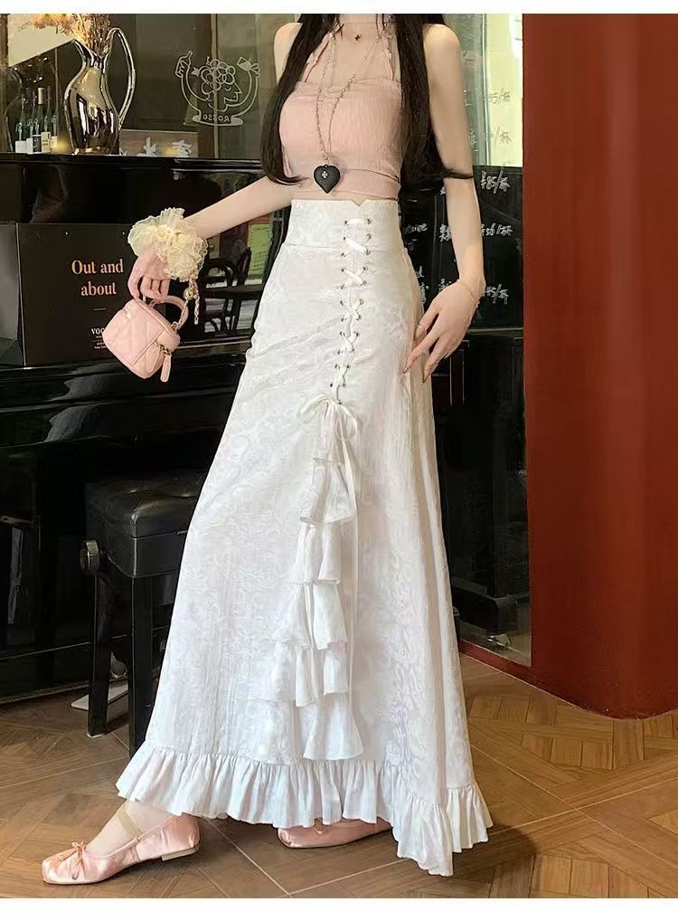 Femmes jupe Midi printemps été coupe ajustée taille haute jupe longue Vintage à lacets volants rose gothique mode coréenne jupe vêtements