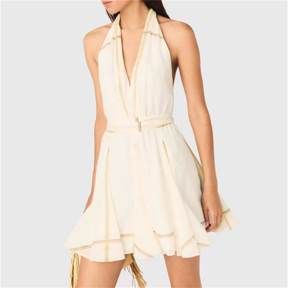 Robe Courte Femme Décolleté en V à Rayures Françaises et Lacets à la Taille, Style Vacances, Dos Nu, Collection Début d'Automne