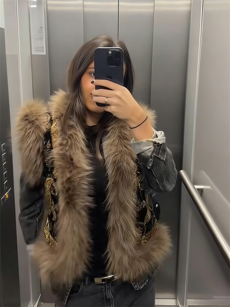 Gilet sans manches à motif Paisley Vintage pour femmes, avec garniture en fourrure de raton laveur, gilet à la mode, vêtements d'extérieur, Streetwear automne hiver 2025