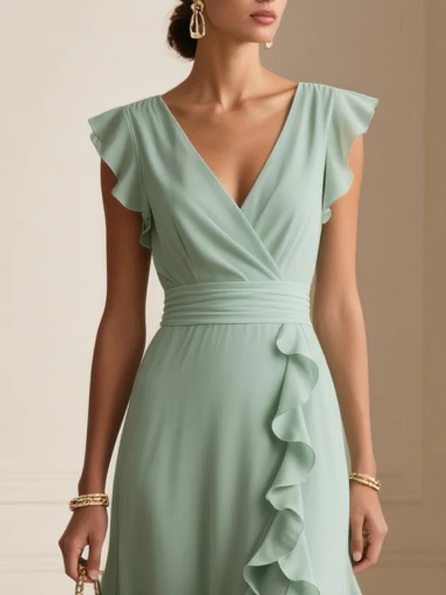 Robe de soirée longue pour femme, sans manches, à volants, coupe A-line, col en V, taille cintrée, plis, robe maxi, été 2026, Vestidos