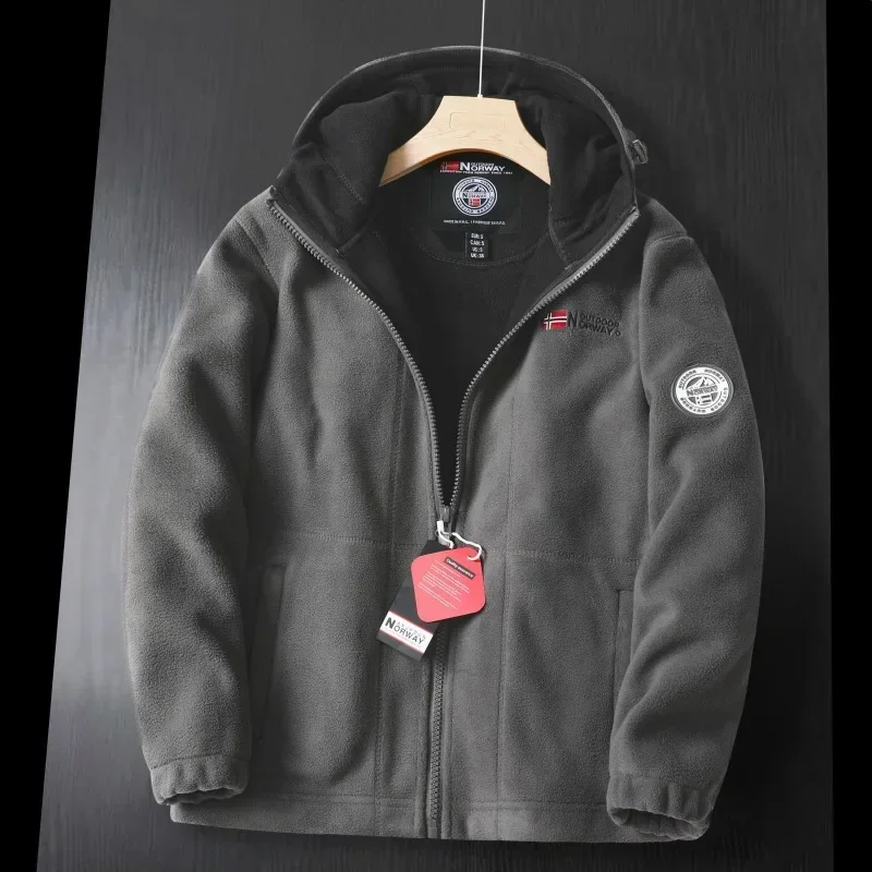 Veste d'hiver en laine pour hommes, haut de gamme, polaire épaisse brodée, coupe-vent, manteau chaud à capuche pour l'extérieur, la neige et le froid