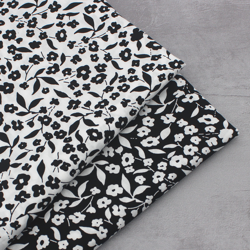 Tissu Floral en pur coton noir et blanc, tissu imprimé tout coton de Style pastoral pour vêtements de robe pour femmes, tissu fait à la main