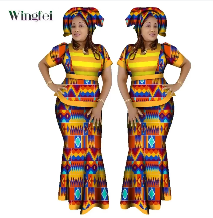 Ensemble 3 pièces de vêtements africains pour femmes, haut court à rayures et jupe avec écharpe de tête, Kanga africain, WY1210
