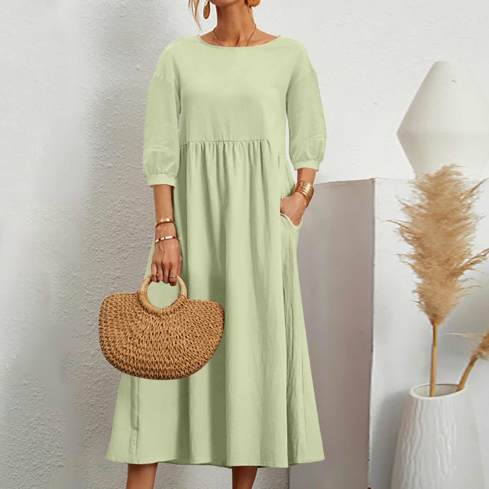 Femmes décontracté été robe en coton avec poches 3/4 manches ample Midi chemise robe femmes robes à manches courtes robes