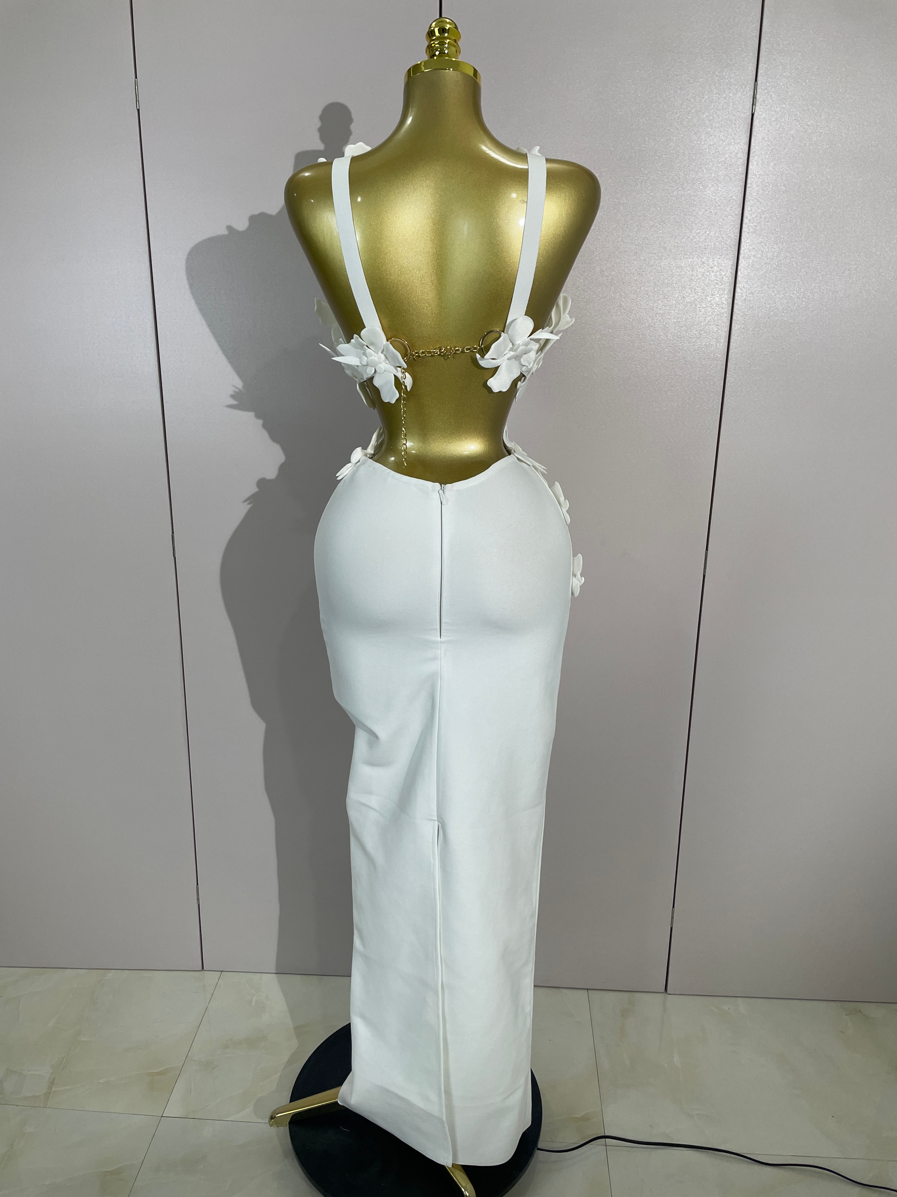 Robe longue moulante blanche à fleurs sexy pour femme, ensemble deux pièces, col en V, pour soirée, bal de promo, boîte de nuit, fête d'anniversaire