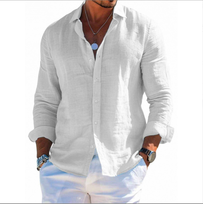 Hommes Blouse chemises été printemps mâle col rabattu à manches longues lin maillots de bain vacances haut Blouse NMD-3033