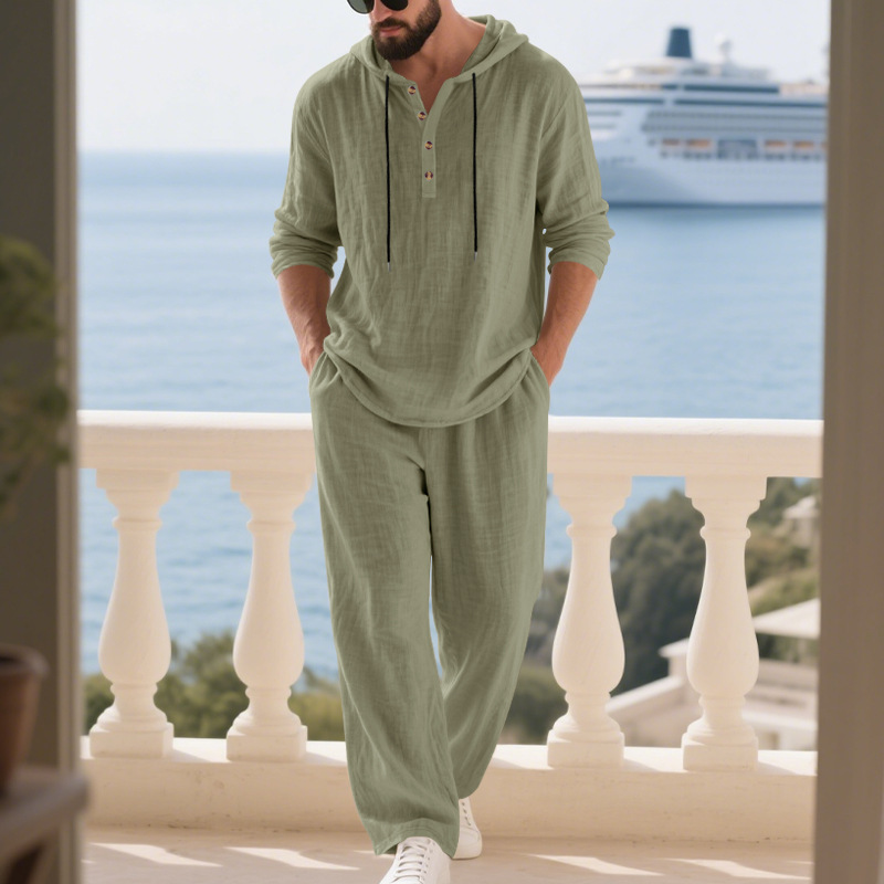 Ensemble chemise à capuche en lin et pantalon de couleur unie pour homme, style américain, printemps-automne, décontracté, confortable et respirant