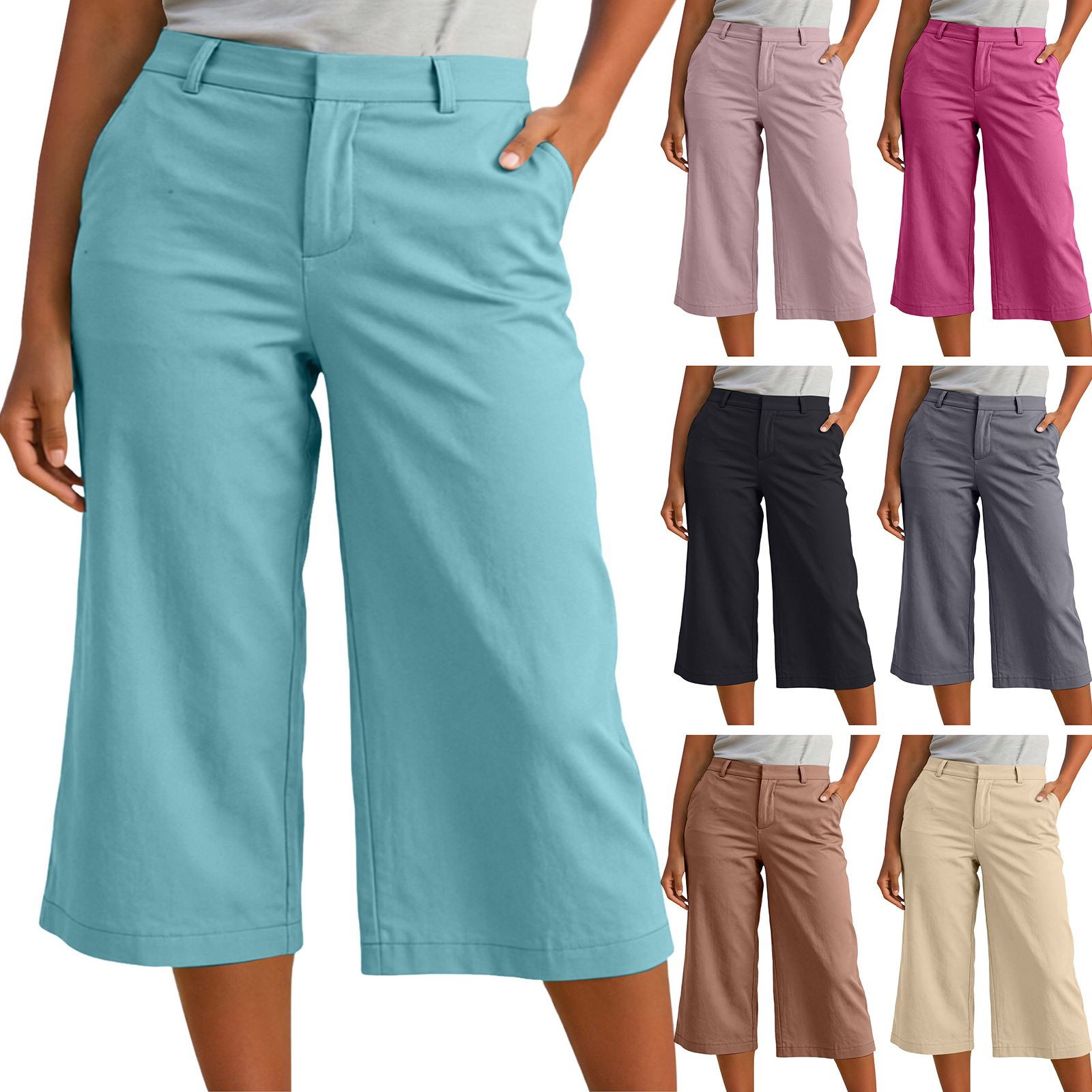 Pantalons décontractés pour femmes, pantalons Capri d'été de couleur unie, pantalons droits à taille haute, pantalons amples de travail avec poches