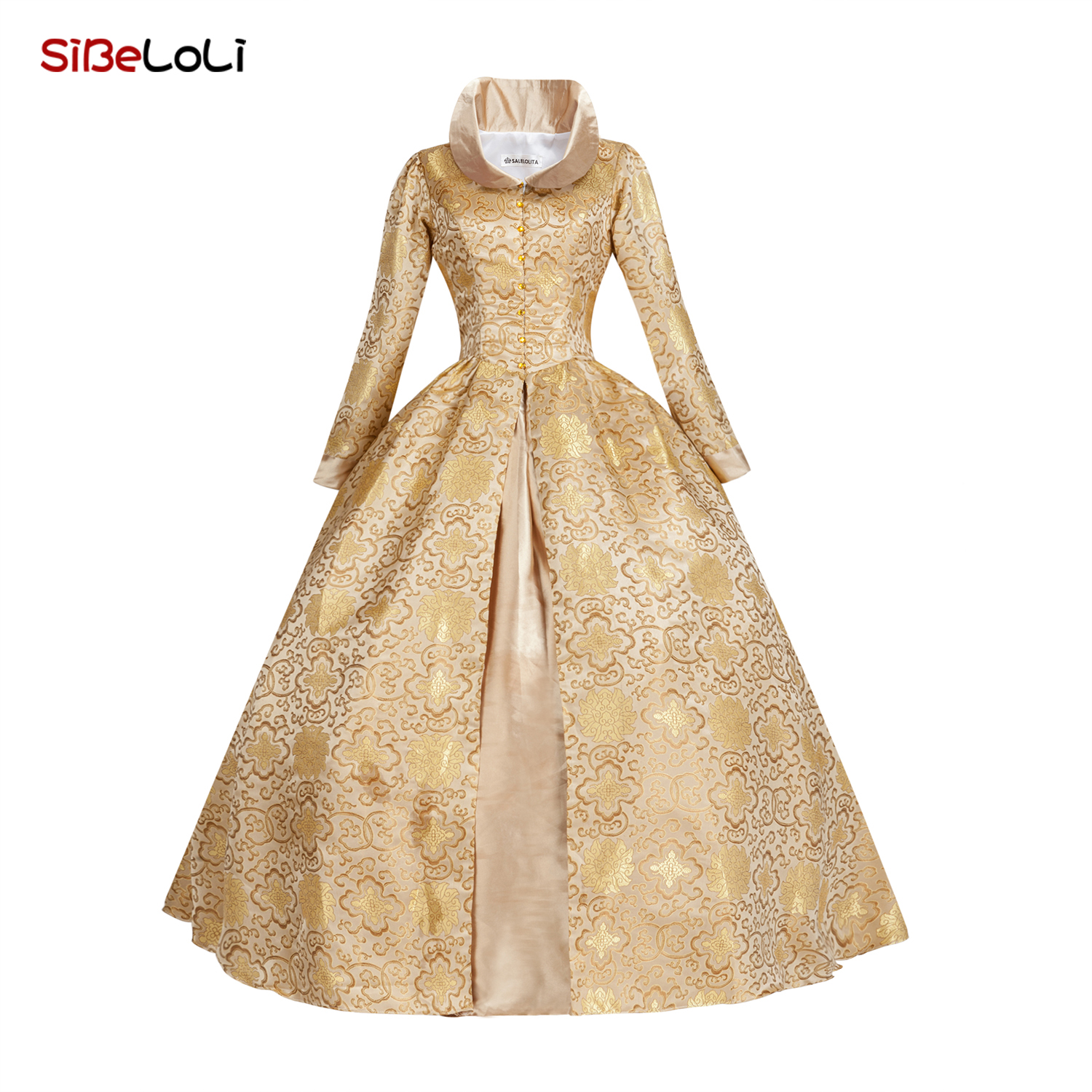Robe de princesse médiévale imprimée florale dorée, brocart de la reine Elizabeth Tudor, robe de bal gothique victorienne, costume de théâtre