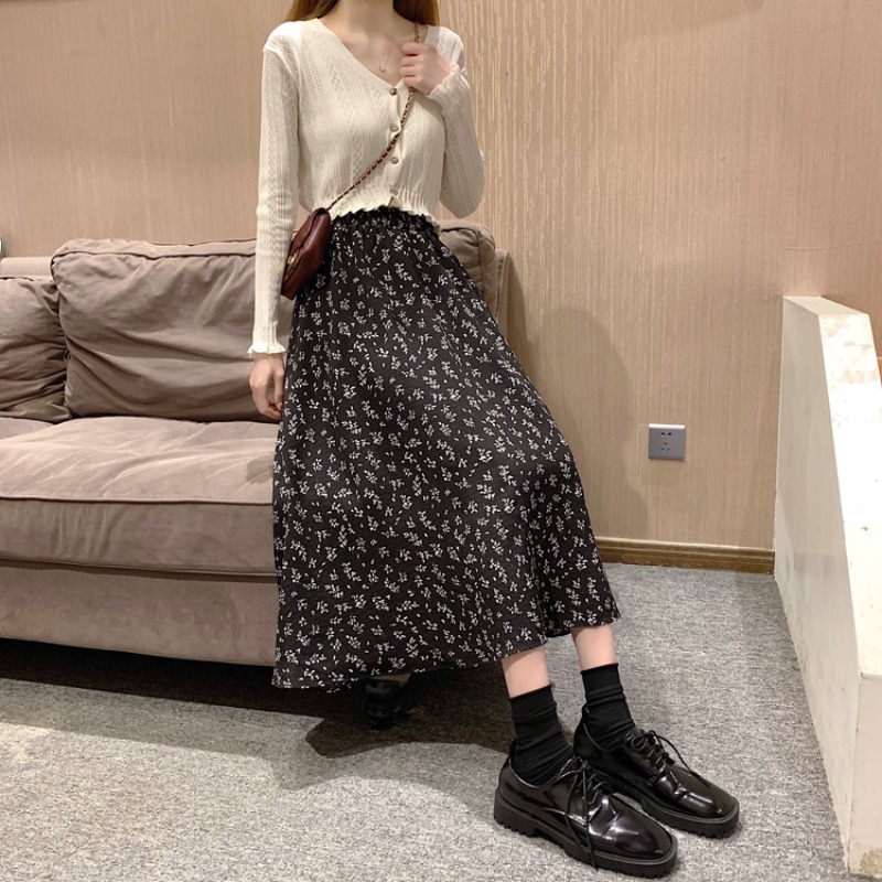 Jupe décontractée printemps-été pour femme, jupe trapèze tendance, jupe en mousseline imprimée florale vintage, jupe midi taille haute élastique