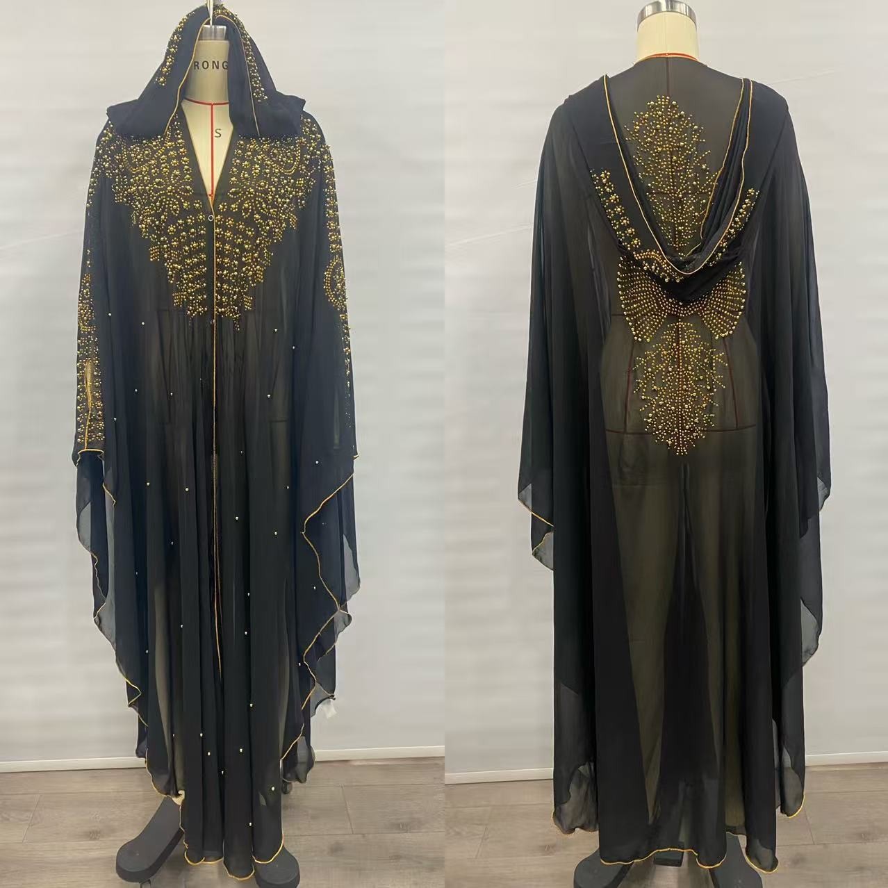 Robe longue 137 cm, tour de l'épaule 153 cm, 2026, en mousseline de soie perlée, ornée de strass dorés, robe africaine, robe musulmane du Moyen-Orient 439 #