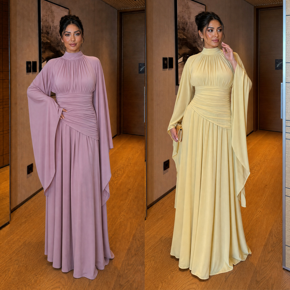 Robe de soirée pour gala, Eid, Islam, Nikkah, robe pour femmes musulmanes, Dubaï, robe arabe, détails froncés, manches raglan extra-longues et évasées