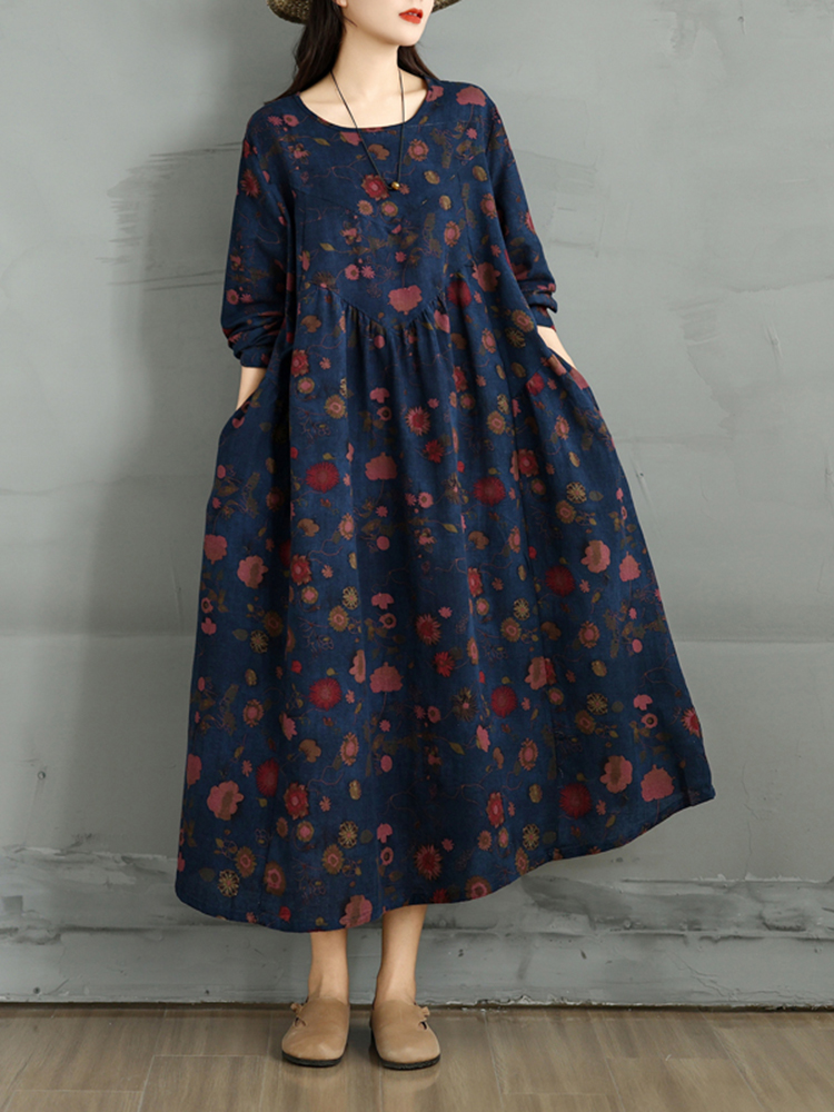 Robes en coton à imprimé floral vintage pour femmes, robe décontractée ample à manches longues, vêtements élégants pour femme, Vestidos, printemps automne 2026
