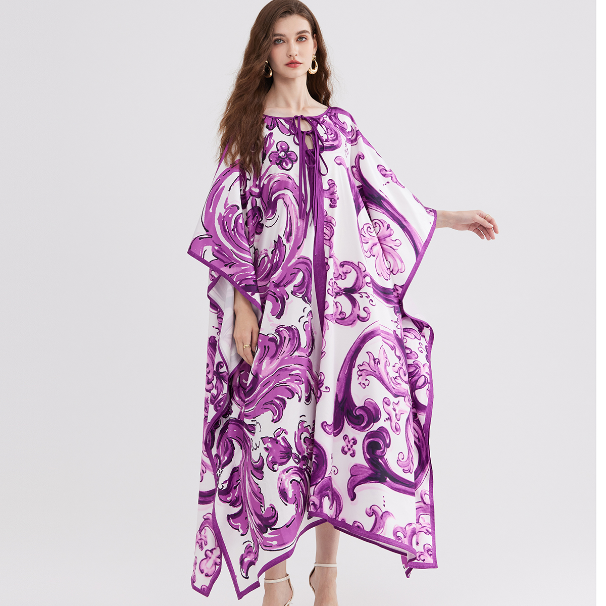 Robe longue kaftan pour femme, imprimé baroque violet, manches chauve-souris, style bohème, ample, cache-maillot de bain, robe de plage pour les vacances d'été