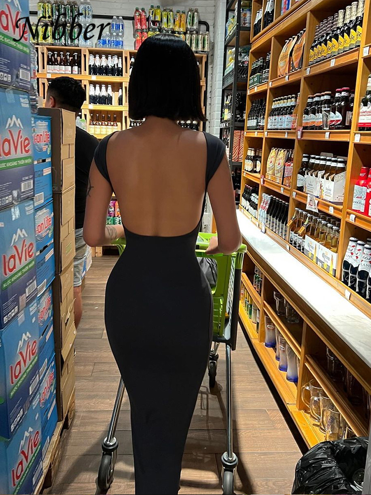 Nibber-Robe longue à manches courtes et dos nu pour femme, vêtement de couleur unie, sexy, élégant, élastique, slim, streetwear