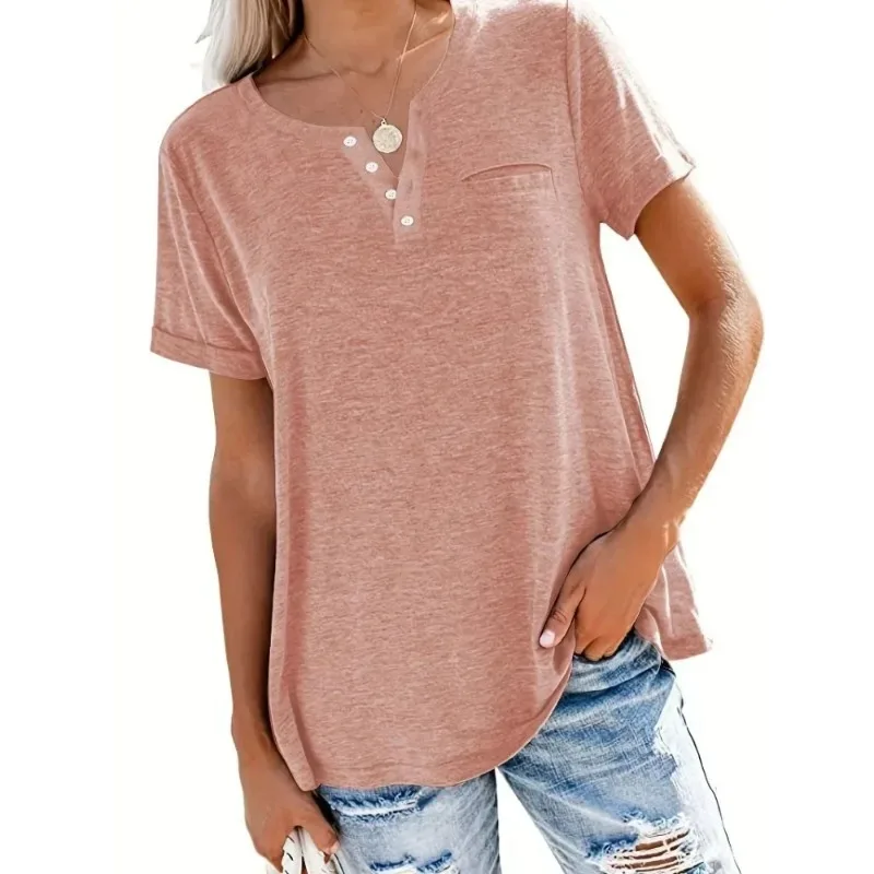 T-shirt décontracté à manches courtes et col en V pour femmes avec poches, grande taille, 1XL-5XL, printemps et été, nouveau style
