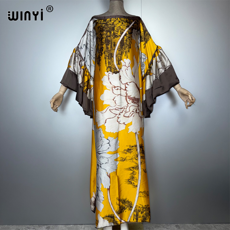WINYI Robe de soirée d'été à manches bouffantes, Abaya de luxe de Dubaï, Kaftan ample imprimé pour femme, Vêtement musulman, Robe longue de soirée