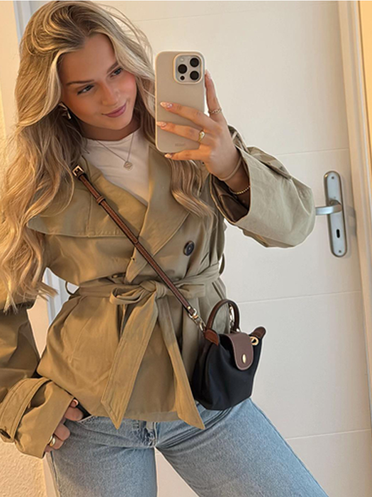 Veste décontractée à col montant pour femme, avec ceinture, élégante, à manches longues, simple boutonnage, vêtements d'extérieur, nouvelle collection automne 2025