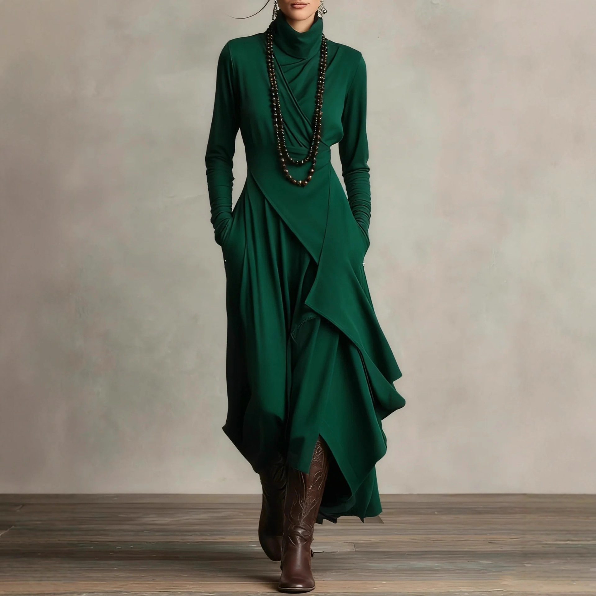 Vêtements d'automne, couleur unie, manches longues, design croisé, col haut, robe une pièce/jupe longue