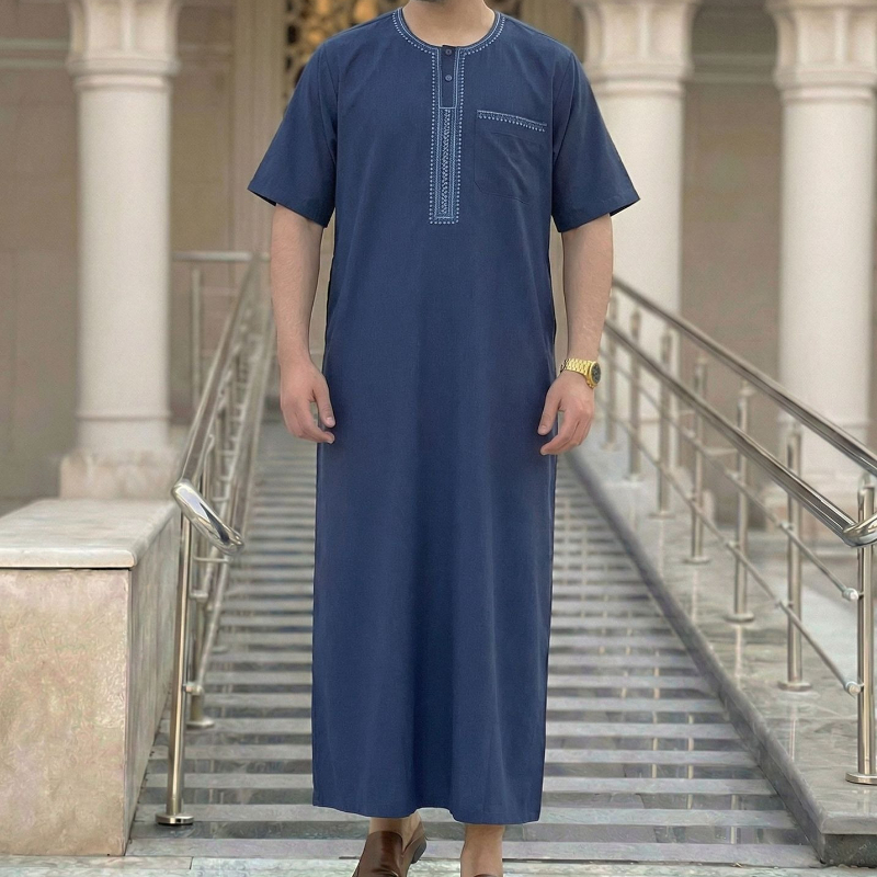 Jubba Thobe à manches courtes pour hommes musulmans, Kaftan islamique vintage marocain, Djellaba de prière brodée en mélange de viscose, Tunique Abaya pour homme