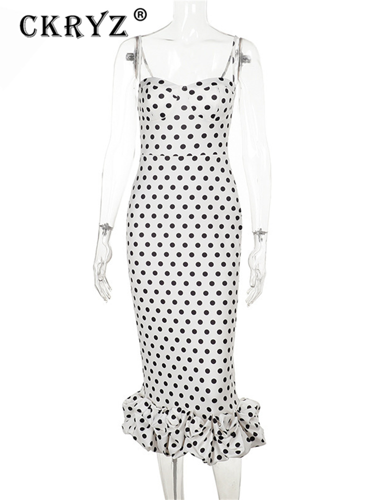 Robe de soirée élégante pour femmes, sans manches, dos nu, imprimé à pois, fente latérale, mi-longue, Club, Streetwear, été