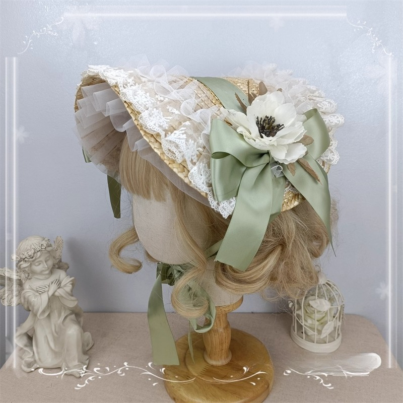 Chapeau Lolita multicolore fait à la main, Bonnet plat, Style pastoral, paille Lolita BNT, chapeau de cérémonie de Style ancien pour l'été