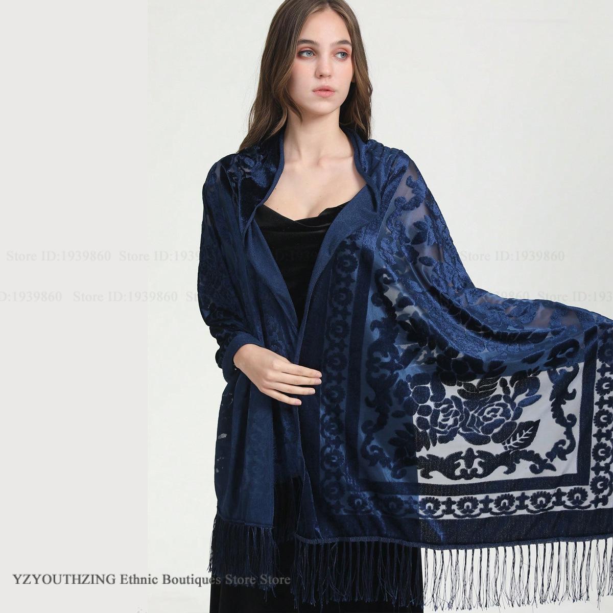 Femmes velours écharpe châle femme longue Jacquard foulards Noble châle automne printemps Poncho Wrap luxe Pashmina gland cape Bufanda