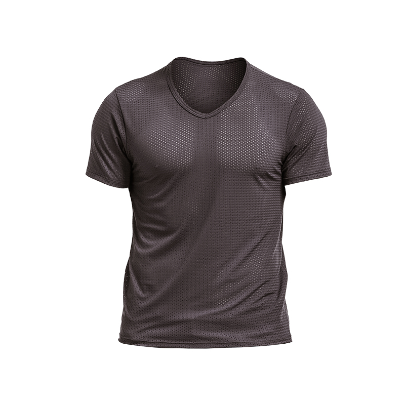 T-shirt en maille de soie glacée pour hommes, maille respirante avec tissu perforé, sport et fitness