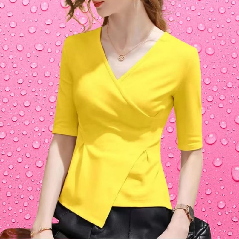 4XL 2023 femmes chemisiers d'été col en v dame mode décontracté à manches courtes bureau Sexy couleur unie vêtements hauts et t-shirts WY0856