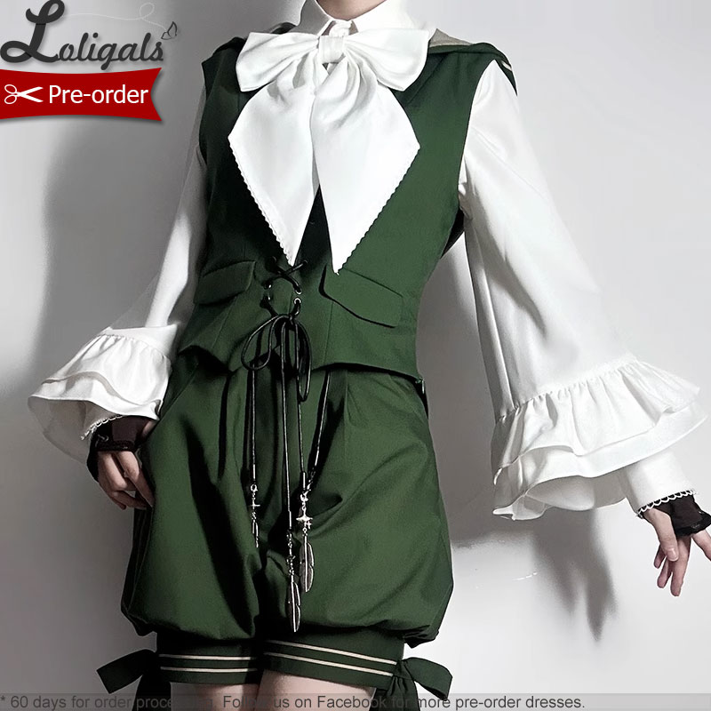 Ouji Lolita tenue rétro vigne vert longue oreille de lapin gilet à capuche/shorts bloomer Cosplay/ Cape à pompon par princesse chroniques