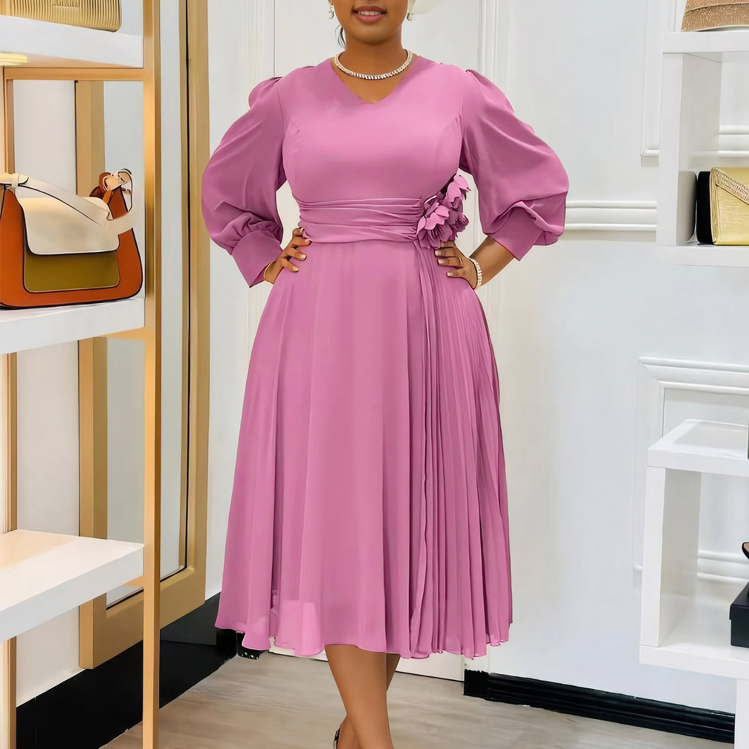 Robe longue pliable pour femmes, col en V, manches longues, fleur tridimensionnelle, taille serrée, Maxi, été, ligne A, 2025