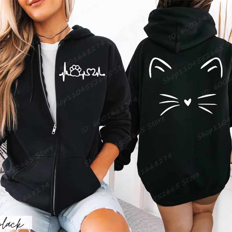 Femmes veste à capuche avec fermeture éclair automne hiver nouveau chat mignon battement de chaleur ligne sweat à capuche imprimé Hip Hop Streetwear femmes veste zippée manteau vêtements