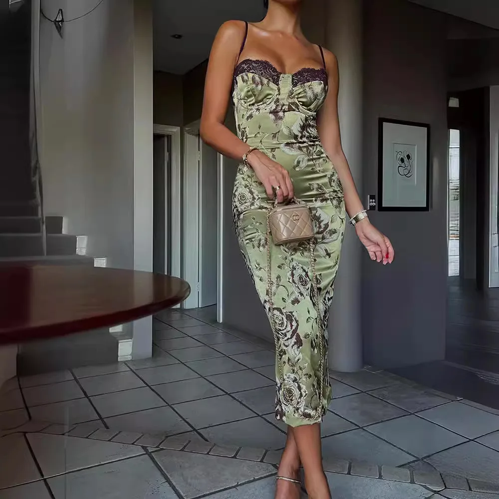 Robe longue en tricot à imprimé floral avec bordure contrastée en dentelle, fentes latérales, sans manches, robe décontractée confortable pour femmes, robe de nuit