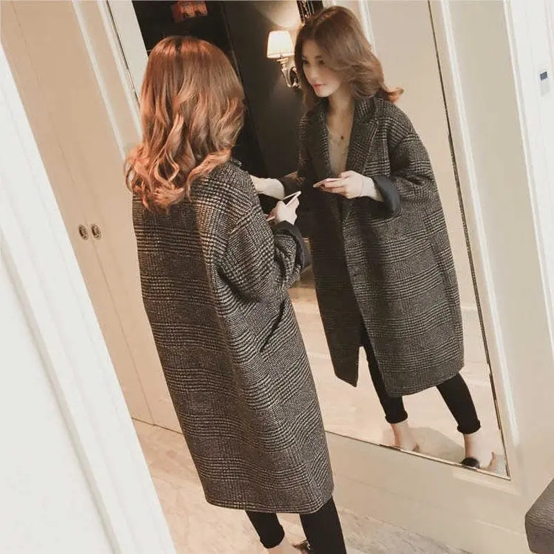 Manteau à grille mille oiseaux pour femmes, veste en Y en laine mélangée, vêtements d'extérieur au-dessus du genou, mode coréenne, automne et hiver