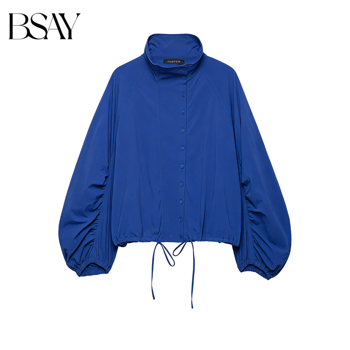 BSAY 2026 Veste courte décontractée pour femme à col montant, boutonnée, avec ourlet à cordon de serrage, manches longues bouffantes et froncées
