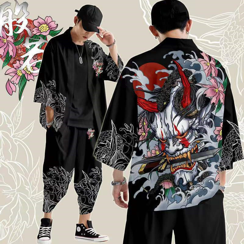 Robe Harajuku, vêtements asiatiques tendance, kimono imprimé dragon anime + pantalon, streetwear japonais pour hommes et femmes, cardigan cosplay Haori