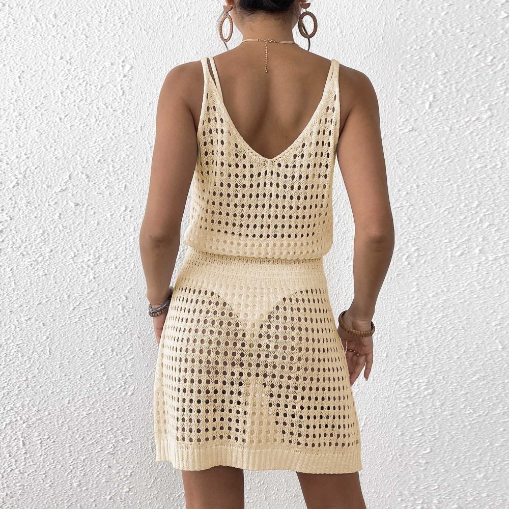 Nouvelle Robe de Plage Femme à Bretelles Fines et Découpes, Taille Élastique, Tricotée, Mini Cache-Maillot de Bain
